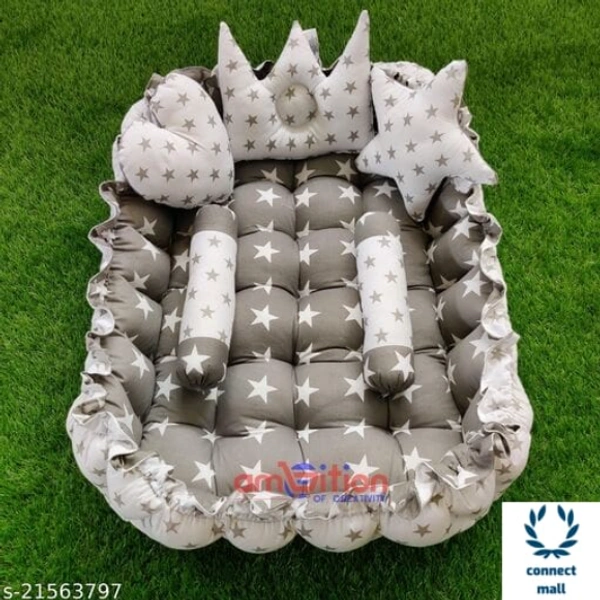 Pink Unique Newborn Baby Round Tub Bedding Set, Reversible Bed Set Cum Mattress with 3 Multi Shape Pillows for Newborn to Toddlers ( Blue& Sky Blue) - Free Size, Grey & White